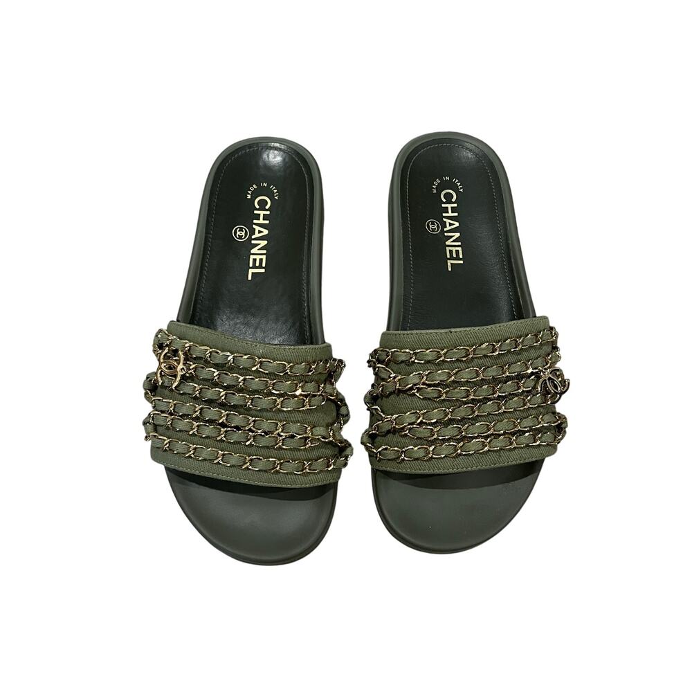 Chanel CC Interlocking Chain Khaki Mule Slides EU 37